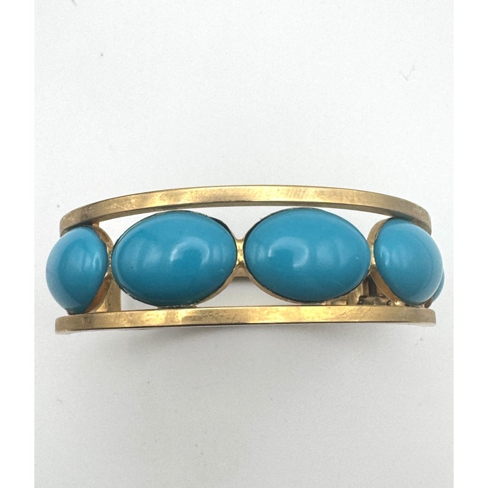 Vintage Blue Cuff Bracelet Gold Tone Oval Cabochon Hinged Mid Century